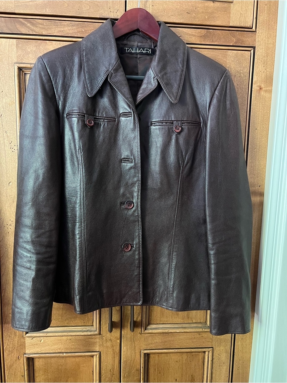 Tahari Dark Brown Leather Button-Front Jacket